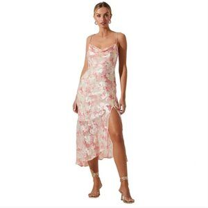 ASTR the Label Women's Gaia Dress Floral Pink Velvet Burn Out Cowl Neck XS